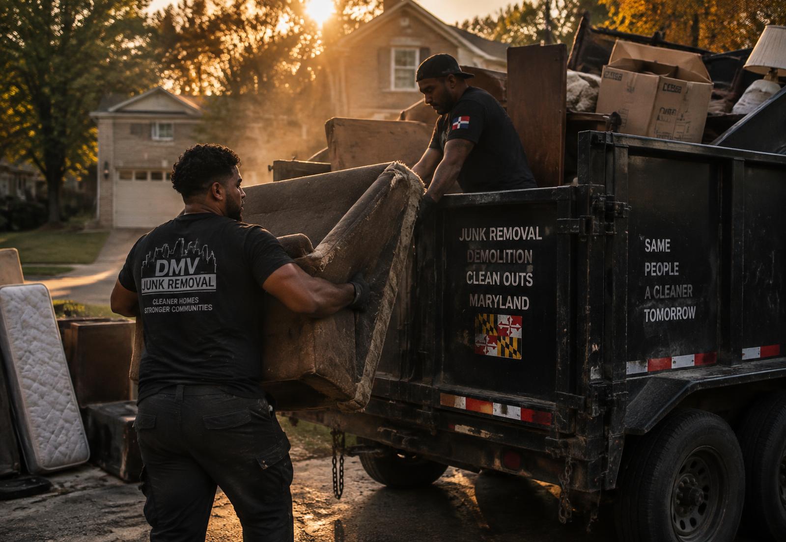 BFN crew loading old furniture into a dump trailer in a Maryland driveway